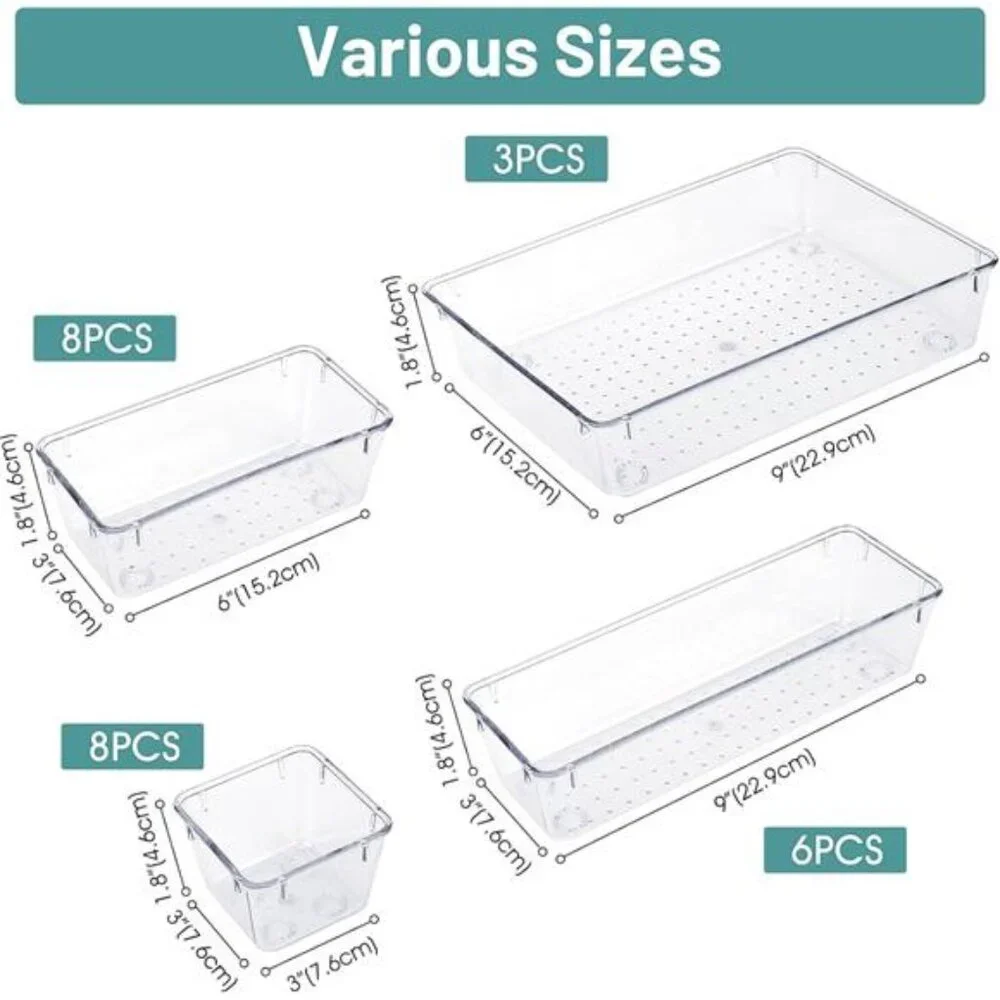25 PCS Clear Plastic Drawer Organizer Set, 4 Sizes Desk Drawer Divider Organizer